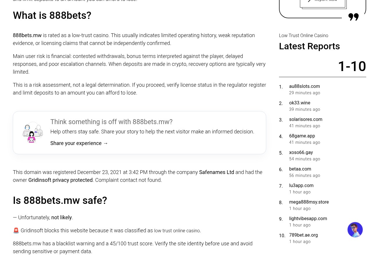 Supplied independent technical-context capture concerning 888bets.mw