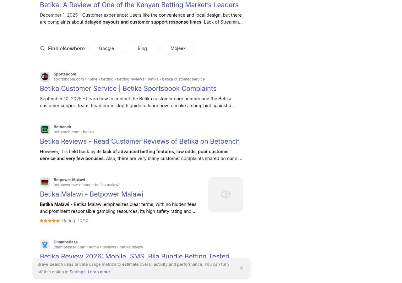 Supplied capture of contextual search results about Betika and Malawi